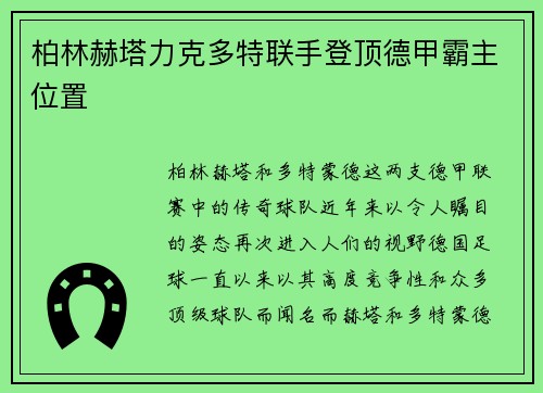 柏林赫塔力克多特联手登顶德甲霸主位置